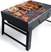 BBQ Barbecue Grill, Portable Folding Charcoal Barbecue Desk Tabletop Outdoor Stainless Steel Smoker BBQ for Picnic Garden Terrace Camping Travel 15.35''x11.41''x2.95'' (Black)
