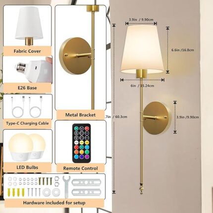 Wireless Rechargeable Wall Lights | Battery Operated Wall Lights Indoor & Outdoor Sconces with 5000mAh Battery | Adjustable Brightness & Color Temperature | Easy Installation for Bedroom, Room & More [Energy Class A+]