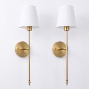 Set of two gold wall sconces with white fabric shades