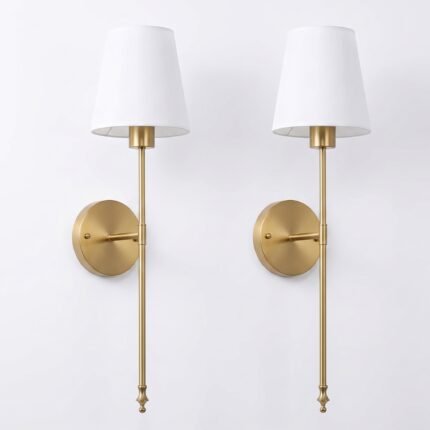 Set of two gold wall sconces with white fabric shades