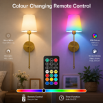 RGB colour-changing wall sconce shown with remote control