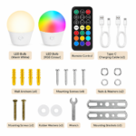 Wall sconce kit contents including bulbs, remote and mounting parts