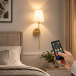 Wireless wall sconce above bed with remote control