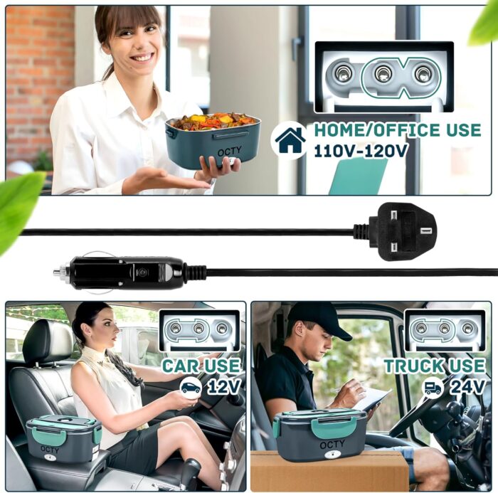 Electric Lunch Box Heater - Portable Food Warmer for Truck, Car, Office, Camping & Travel - 3-in-1 Adult Lunch Box - Green
