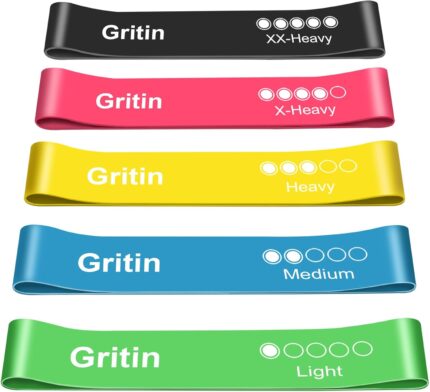 Gritin Resistance Bands, Set of 5 Skin-Friendly Resistance Fitness Exercise Loop Bands with 5 Different Strength Levels - Carrying Case Included - Ideal for Home, Gym, Yoga, Training