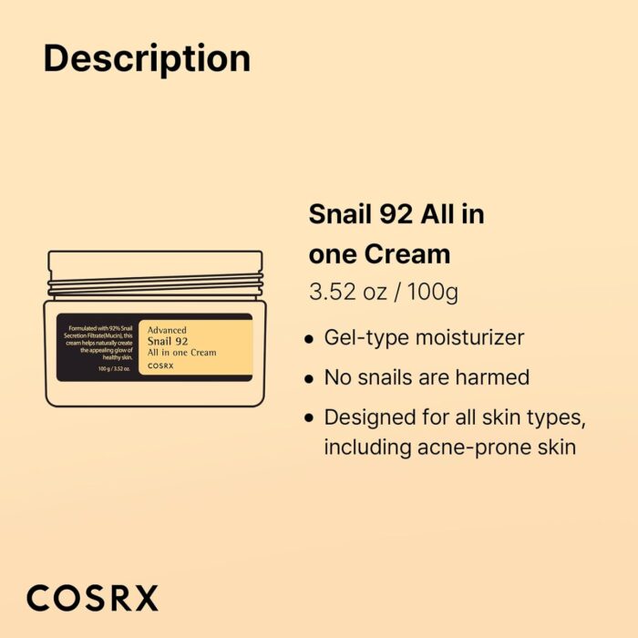 COSRX Advanced Snail 92 All in One Cream Korean Snail Mucin Face Cream & Gel Moisturiser for Dry Sensitive and Anti Aging Skin, Daily Soothing
