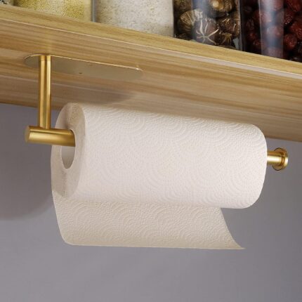 Gold Kitchen Roll Holder, Stainless Steel Paper Towel Holder Wall Mounted Under Cabinet Self Adhesive for Bathroom RV