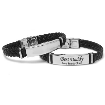 TMT Personalised Black Men's Leather Bracelet Adjustable Size for Dad ID Identity Birthday Gift Name Engraved | Best Men Boyfriend