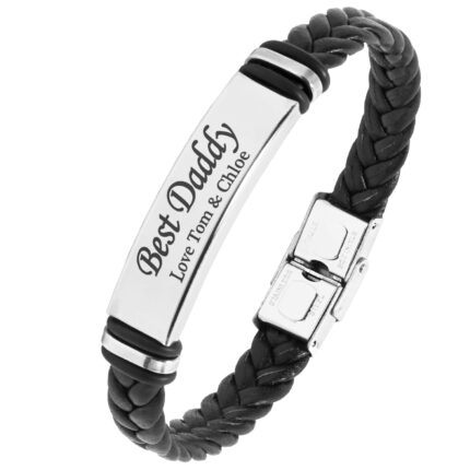 TMT Personalised Black Men's Leather Bracelet Adjustable Size for Dad ID Identity Birthday Gift Name Engraved | Best Men Boyfriend