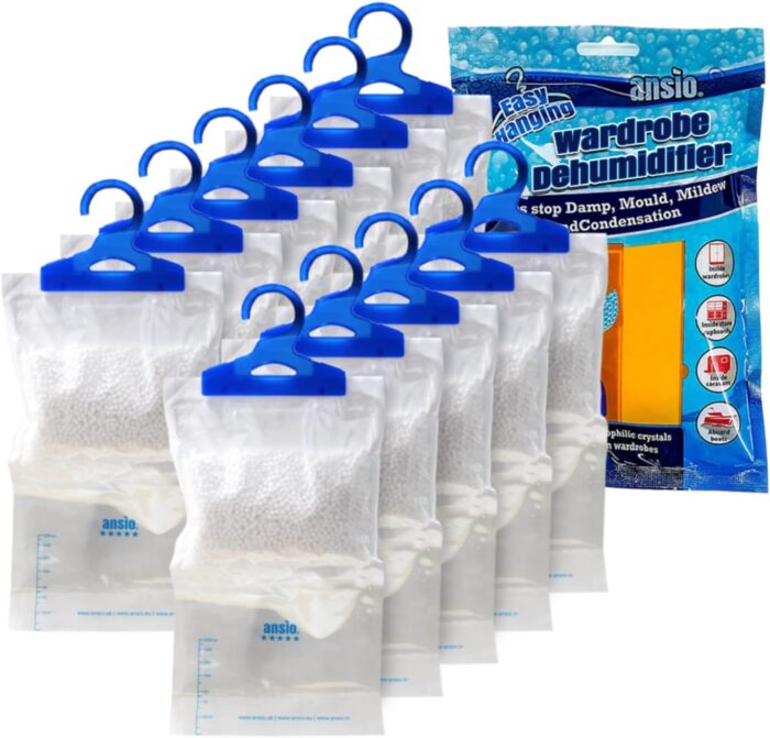 ANSIO Wardrobe Dehumidifier Hanging Bags Pack of 12 Moisture Absorbers, Trap, Condensation, Dehumidifiers for Damp, Mould, Bedroom, Caravan, Bathroom, Basement, Office – 210g Each