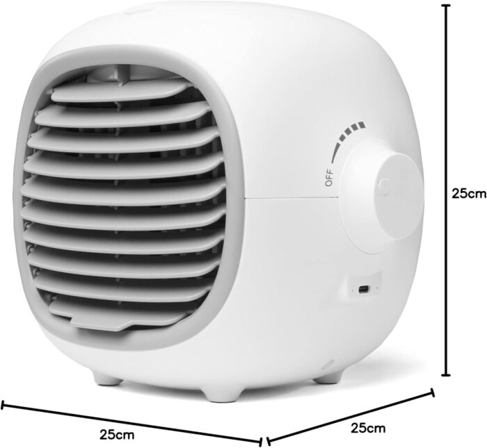 Compact and portable design lets you take it anywhere - The Airblo portable air cooler is designed to be small and lightweight, making it easy to take with you wherever you go. Whether you're traveling, working in the office, or lounging at home, you can enjoy the benefits of cool, refreshing air without the hassle of a bulky air conditioning unit. Measuring just 7 inches in height and 9 inches in width, our air cooler can fit easily on a desk or tabletop, and its sleek design won't clash with your decor. And when it's time to hit the road, simply slip it into your bag or backpack and you're good to go!