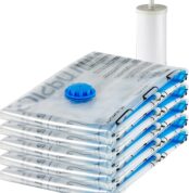Amazon Basics Vacuum Compression Zipper Storage Bags with Airtight Valve and Hand Pump, Large, 5-Pack, Clear
