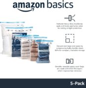 Amazon Basics Vacuum Compression Zipper Storage Bags with Airtight Valve and Hand Pump, Large, 5-Pack, Clear