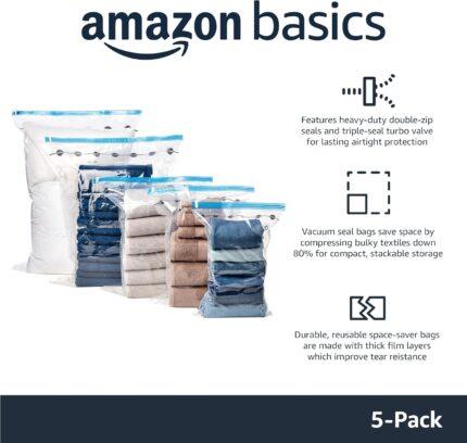 Amazon Basics Vacuum Compression Zipper Storage Bags with Airtight Valve and Hand Pump, Large, 5-Pack, Clear