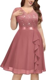 MISSMAY Women's Plus Size Vintage Floral Lace Sequin V-Neck Ruffle Cocktail Party Formal Fit and Flare Swing Dress