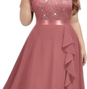 MISSMAY Women's Plus Size Vintage Floral Lace Sequin V-Neck Ruffle Cocktail Party Formal Fit and Flare Swing Dress