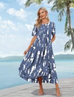 YESNO Women Dresses Casual Plus Size Bohemian Short Sleeve Floral Long Maxi Summer Beach Swing Dress/Pockets EJFUK