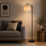 Arc floor lamp in living room corner with sofa and side table