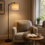Arc floor lamp lighting a cosy armchair reading corner
