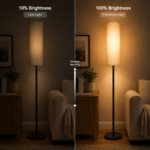 Dimmable floor lamp shown at 10% and 100% brightness