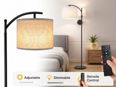 Arc Floor Lamp for Living Room with LED Smart Bulb, 3 Light Modes, Remote Control & Rotatable Linen Shade, Black Standing Floor Lamp