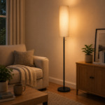 Linen floor lamp giving warm ambient light in the evening