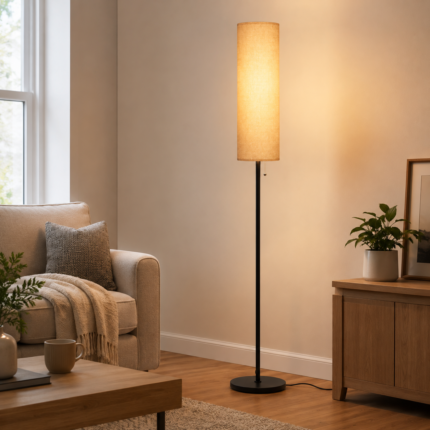 Modern linen floor lamp beside armchair in living room