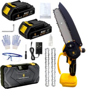 AR Easy Buy Mini Chainsaw Cordless 6-Inch | 21V Battery Saw, 300W Brushless Electric Saw, 2 x 4000mAh Batteries, Lightweight & Powerful, Ideal for Tree Trimming, DIY Projects, Garden Maintenance