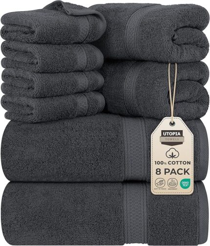 Utopia Towels 8 Piece Towel Set - 2 Bath Towels, 2 Hand Towels and 4 Washcloths Cotton Hotel Quality Super Soft and Highly Absorbent (Gray)