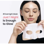 Woman sleeping with bio-collagen hydrogel overnight mask on for dewy glowing skin – no pillow residue, UK