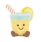 Jellycat-style lemonade cup soft plush toy with stripy straw and lemon slice detail, pastel yellow and mint, cute kawaii gift for kids and adults UK