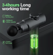 Percussion massage gun showing 2000mAh battery capacity with 3–4 hours working time and 3-hour full charge – UK