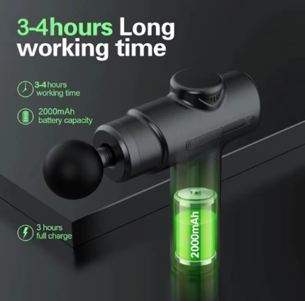 Percussion massage gun showing 2000mAh battery capacity with 3–4 hours working time and 3-hour full charge – UK