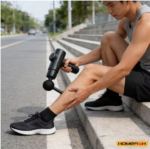 Male athlete using a deep tissue percussion massage gun on his calf muscle after a run, ideal for post-workout sports recovery – UK