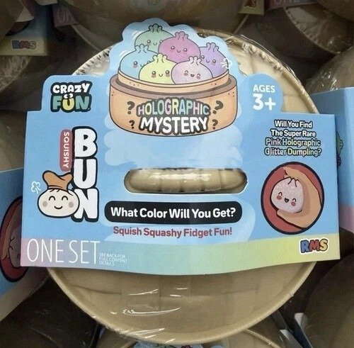 holographic-squishy-bun-mystery-toy-front-packaging.jpg Crazy Fun holographic squishy bun mystery dumpling toy front packaging