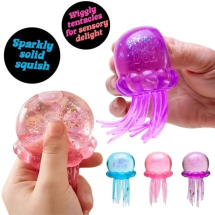 Hand squeezing pink jellyfish squishy toy showing wiggly tentacles