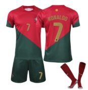 Kids Portugal football kit red and green home shirt with Ronaldo No.7, matching shorts and socks