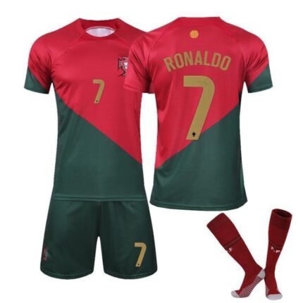 Kids Portugal football kit red and green home shirt with Ronaldo No.7, matching shorts and socks