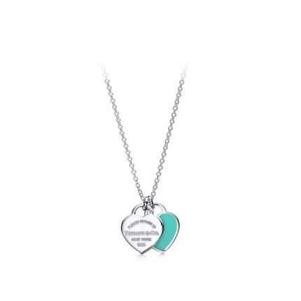 Silver double heart necklace with blue enamel charm, UK jewellery