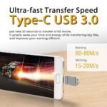 USB C flash drive plugged into smartphone showing fast transfer speed