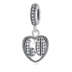 60th birthday charm, 925 sterling silver heart dangle bead with cubic zirconia, side view