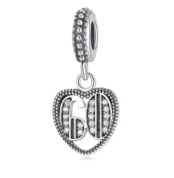 60th birthday charm, 925 sterling silver heart dangle bead with cubic zirconia, side view