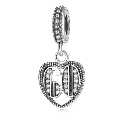 60th birthday charm, 925 sterling silver heart dangle bead with cubic zirconia, side view