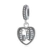 60th birthday charm in sterling silver with heart design and sparkling cubic zirconia stones