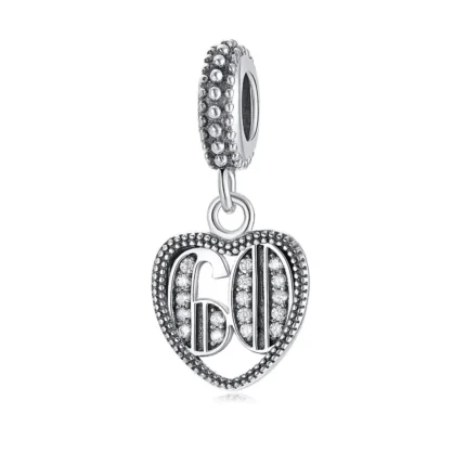 60th birthday charm in sterling silver with heart design and sparkling cubic zirconia stones
