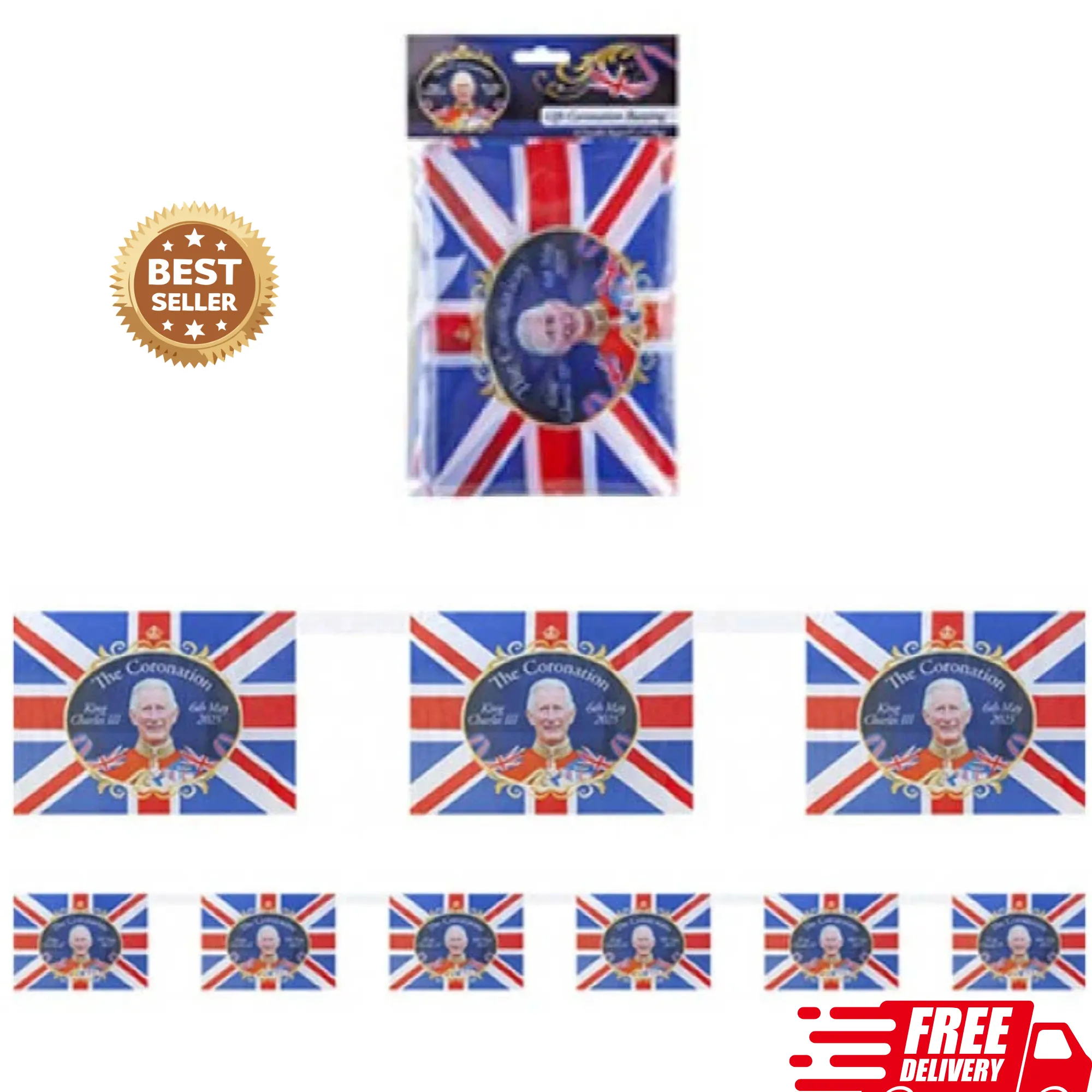 coronation-bunting-12-pack-union-jack Coronation bunting 12 pack with King Charles III Union Jack flags, 3.6m each