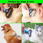 Dematting comb for dogs and cats being used on golden retriever and fluffy white cat