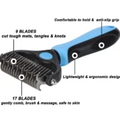Double-sided pet grooming rake with 9 blades for mats and 17 blades for gentle combing