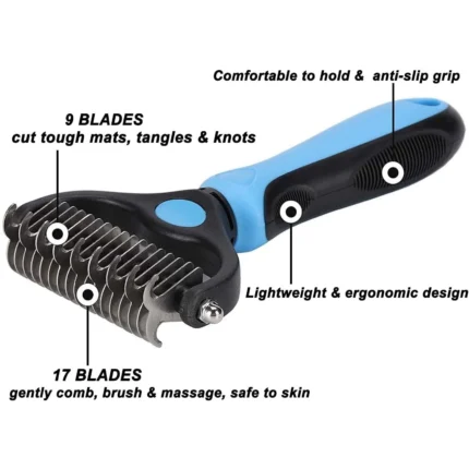 Double-sided pet grooming rake with 9 blades for mats and 17 blades for gentle combing